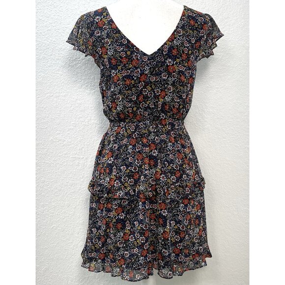 by&by Womens Juniors SMALL Navy Floral Flutter Sleeve Chiffon DRESS NWT NEW - Picture 2 of 10
